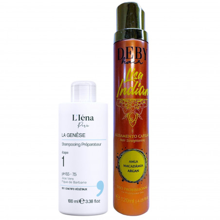 Mini-kit lissage indien Lisa Indian Deby Hair 120 ml + shampooing préparateur La Genèse L'Iéna 100 ml