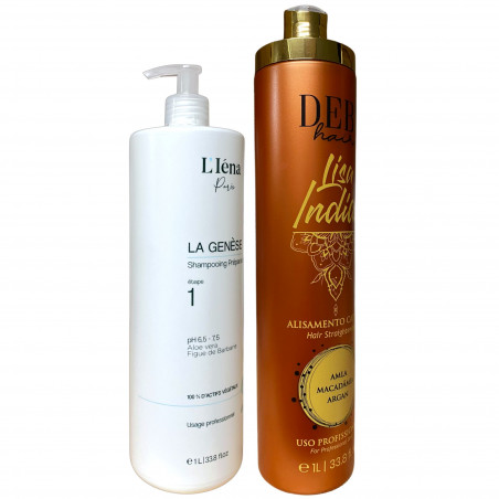 Kit lissage indien Lisa Indian Deby Hair + shampooing préparateur La Genèse L'Iéna 2 x 1 L (3/4 face)