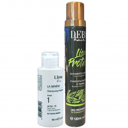 Mini-kit lissage tanin Lisa Protein Deby Hair 120 ml + shampooing préparateur La Genèse L'Iéna 100 ml (3/4 face)