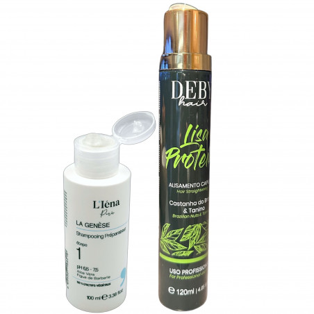 Mini-kit lissage tanin Lisa Protein Deby Hair 120 ml + shampooing préparateur La Genèse L'Iéna 100 ml (ouverts)