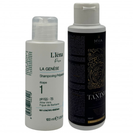Mini-kit lissage Purple Tanino Mya + shampooing préparateur N° 1 La Genèse L'Iéna Paris 2 x 100 ml (3/4 face)