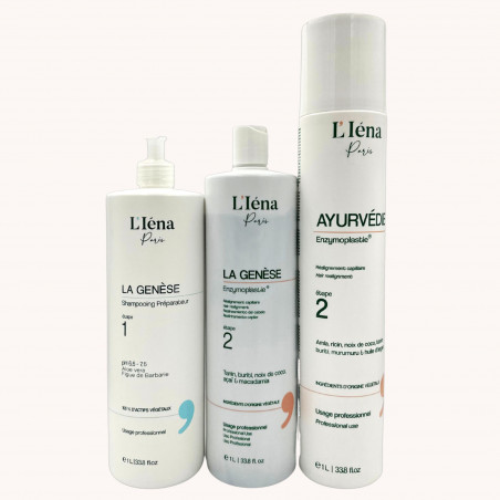 Kit lissages La Genèse™ & Ayurvédie Enzymoplastie L'Iéna Paris + shampooing préparateur 3 x 1 L (fond rose L'Iéna)