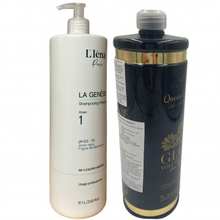 Kit Lissage Indien Gloss Brillance Miroité Queen Care Dona Indiana + shampooing L'Iéna 2 x 1 L (3/4 face gauche)