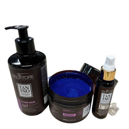 Kit Premium Blond Treatment Tanino Therapy Salvatore shampooing + masque + huiles essentielles E (masque ouvert, vue de haut)