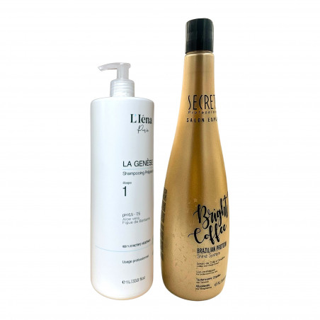 Kit lissage protéine Bright Coffee Secrets + shampooing L'Iéna 2 x 1 L (3/4 face gauche)