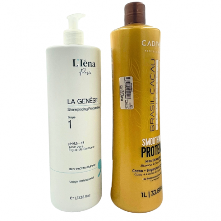 Kit lissage brésilien Smoothing Protein Brasil Cacau Cadiveu + shampooing L'Iéna 2 x 1 L (3/4 face)