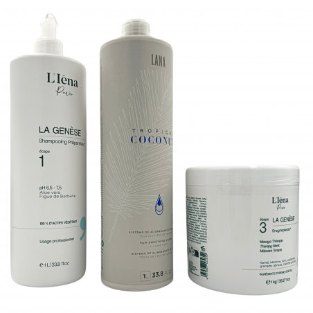 Kit lissage organique Tropical Coconut Lana + shampooing préparateur + masque La Genèse™ L'Iéna Paris 3 produits (3/4 face)