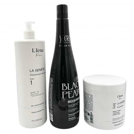 Kit lissage protéine Black Pearl Secrets + shampooing & masque L'Iéna 3 produits (3/4 face)