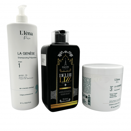 Kit Lissage indien Delhi Lizz New Delhi Lissage + shampooing & masque L'Iéna 3 produits (3/4 face)