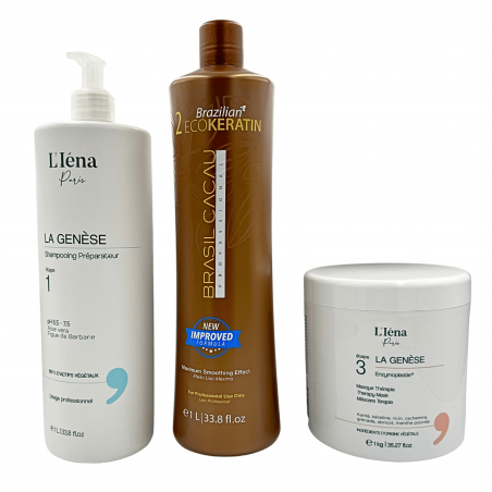 Kit Lissage brésilien Ecokeratin N° 2 Brasil Cacau Cadiveu + shampooing & masque L'Iéna 3 produits