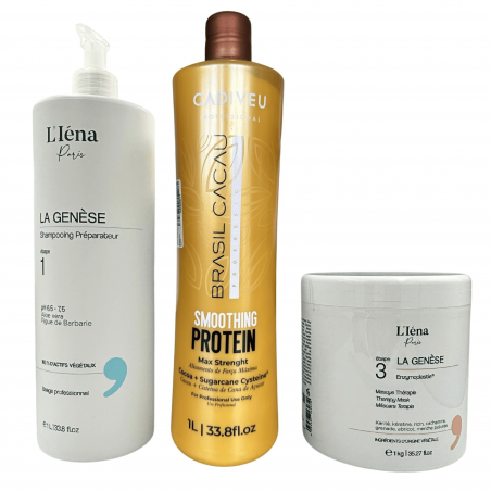 Kit lissage brésilien Smoothing Protein Brasil Cacau Cadiveu + shampooing & masque L'Iéna 3 produits