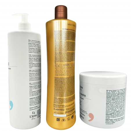 Kit lissage brésilien Smoothing Protein Brasil Cacau Cadiveu + shampooing & masque L'Iéna 3 produits (verso 1)