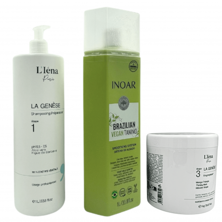 Kit lissage au tanin Brazilian Vegan Tanino Inoar + shampooing & masque L'Iéna 3 produits (3/4 face)