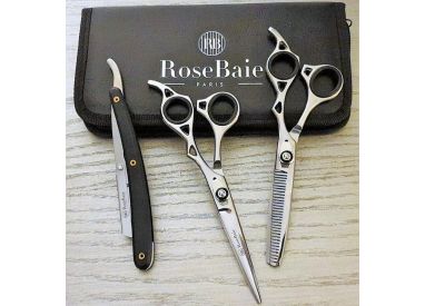 Trousse RoseBaie noire 3 outils professionnels en acier japonais J2 : 1 paire de ciseaux de coupe, 1 paire de ciseaux de taille 