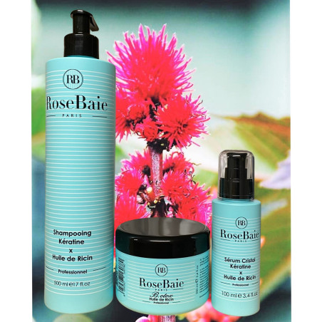 Kit b.otox shampooing sérum kératine et huile de ricin RoseBaie 3 produits (recto sur flond fleur de ricin)