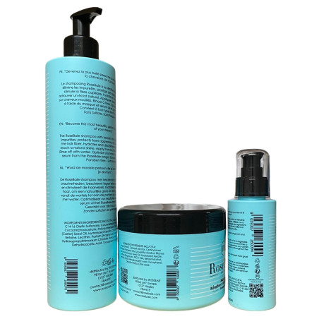 Kit kératine et huile de ricin 3 produits : shampooing (500 ml) + masque (500 ml) + sérum (100 ml) (verso 1)