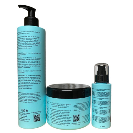 Kit kératine et huile de ricin 3 produits : shampooing (500 ml) + masque (500 ml) + sérum (100 ml) (verso 2)