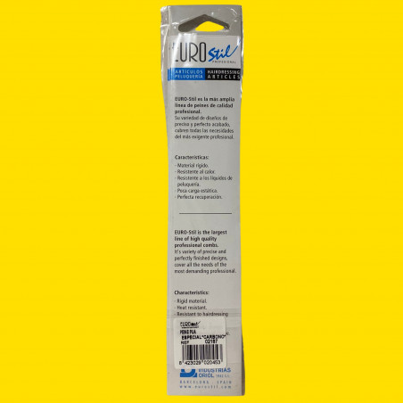 Peigne carbone noir à queue 213 mm (emballage verso, EAN, fond jaune)