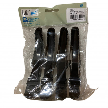 4 pinces à cheveux dragon noires plastique Eurostil (sachet, verso, EAN)