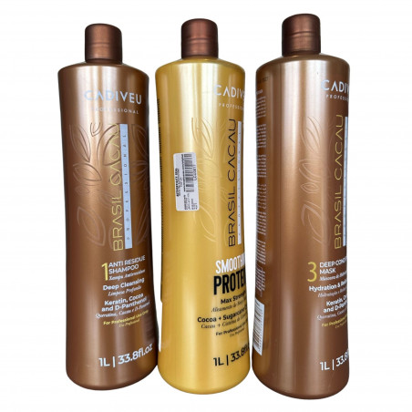 Kit lissage brésilien Smoothing Protein Brasil Cacau Cadiveu 3 x 1 L (3/4 face droit)