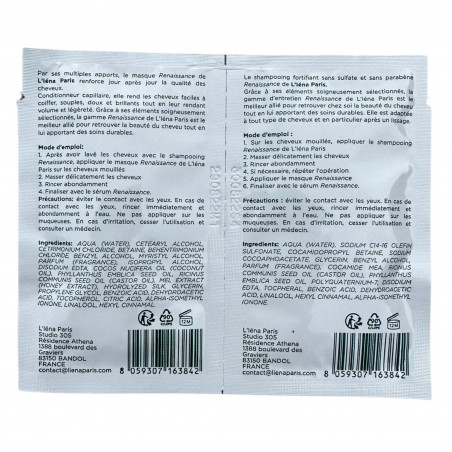 Kit d'entretien au lissage Renaissance™ Enzymoplastie L'Iéna Paris 2 produits de 10 ml (verso, EAN)