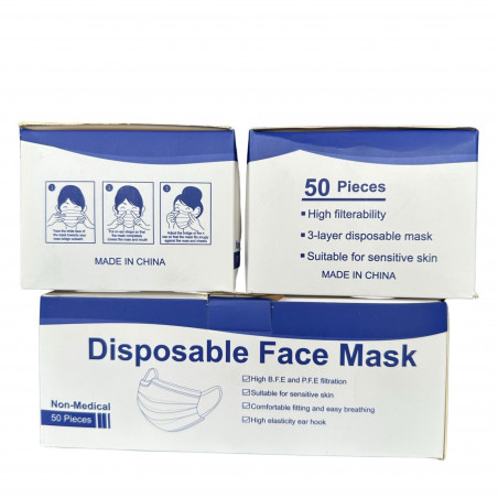 Masque de protection 3 plis norme CE, boîte de 50 (côtés)